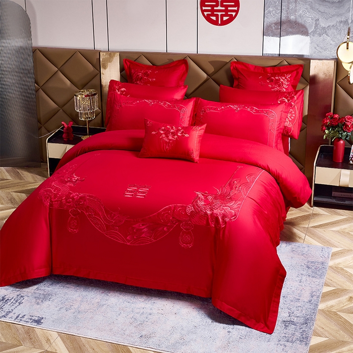 91家纺网 家纺一手货源 找家纺 千禧家纺2025新款13372全棉绣花婚庆四件套 龙凤蜜语（本色）