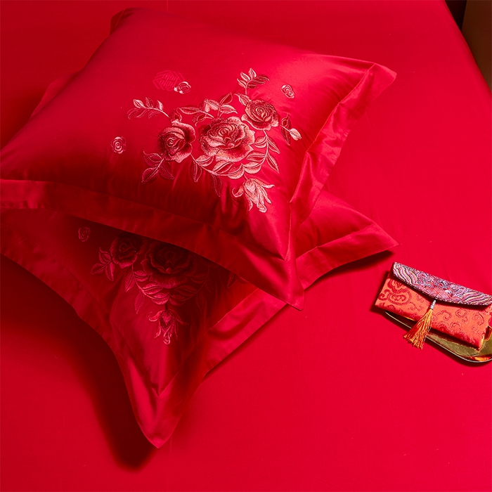 91家纺网 家纺一手货源 找家纺 千禧家纺2025新款13372全棉绣花婚庆四件套 龙凤蜜语（本色）