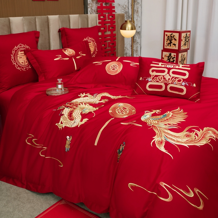 91家纺网 家纺一手货源 找家纺 千禧家纺2025新款13372全棉绣花婚庆四件套 龙凤送子