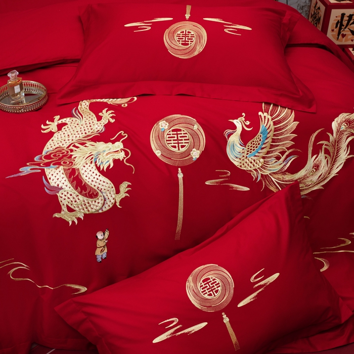 91家纺网 家纺一手货源 找家纺 千禧家纺2025新款13372全棉绣花婚庆四件套 龙凤送子