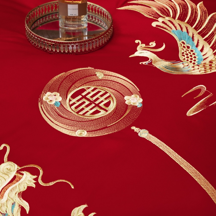 91家纺网 家纺一手货源 找家纺 千禧家纺2025新款13372全棉绣花婚庆四件套 龙凤送子