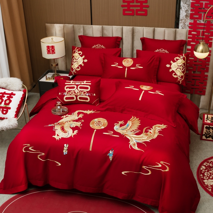 91家纺网 家纺一手货源 找家纺 千禧家纺2025新款13372全棉绣花婚庆四件套 龙凤送子