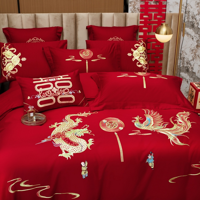 91家纺网 家纺一手货源 找家纺 千禧家纺2025新款13372全棉绣花婚庆四件套 龙凤送子