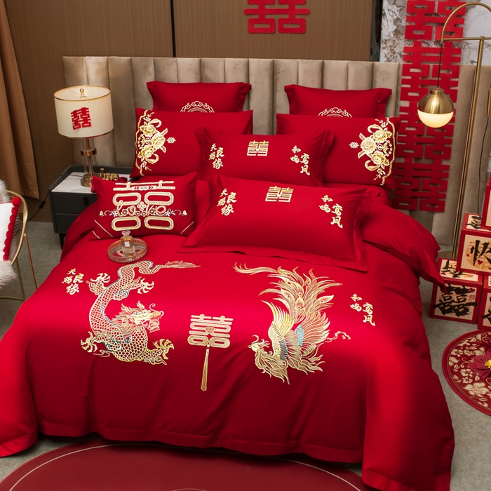 91家纺网 家纺一手货源 找家纺 千禧家纺2025新款13372全棉绣花婚庆四件套 龙凤喜事