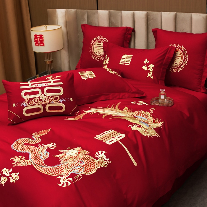 91家纺网 家纺一手货源 找家纺 千禧家纺2025新款13372全棉绣花婚庆四件套 龙凤喜事