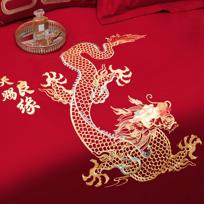 91家纺网 家纺一手货源 找家纺 千禧家纺2025新款13372全棉绣花婚庆四件套 龙凤喜事