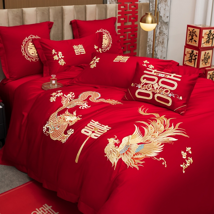 91家纺网 家纺一手货源 找家纺 千禧家纺2025新款13372全棉绣花婚庆四件套 龙凤喜事