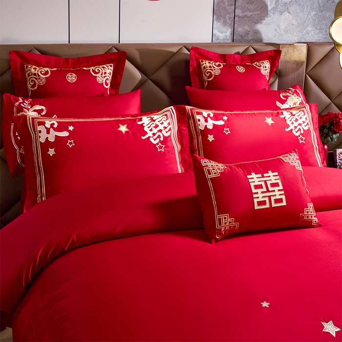 91家纺网 家纺一手货源 找家纺 千禧家纺2025新款13372全棉绣花婚庆四件套 满心欢喜