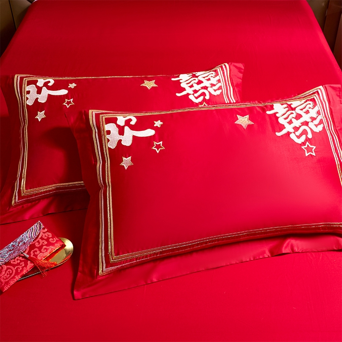 91家纺网 家纺一手货源 找家纺 千禧家纺2025新款13372全棉绣花婚庆四件套 满心欢喜