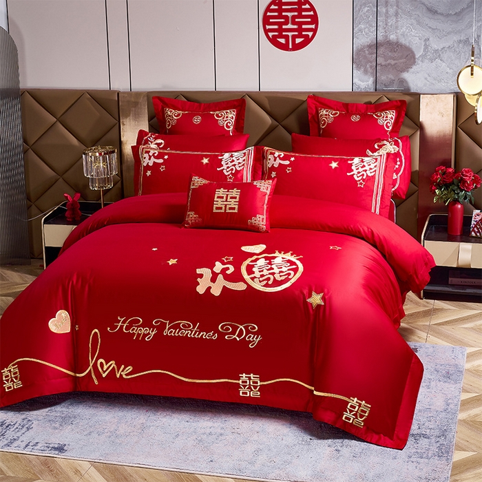 91家纺网 家纺一手货源 找家纺 千禧家纺2025新款13372全棉绣花婚庆四件套 满心欢喜