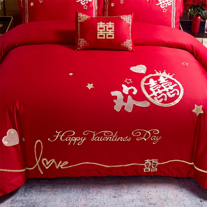 91家纺网 家纺一手货源 找家纺 千禧家纺2025新款13372全棉绣花婚庆四件套 满心欢喜