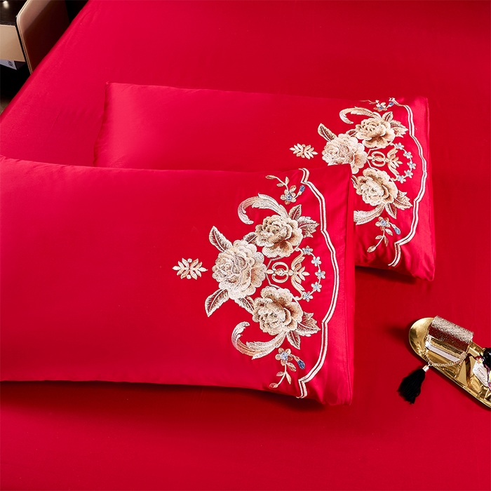 91家纺网 家纺一手货源 找家纺 千禧家纺2025新款13372全棉绣花婚庆四件套 满心欢喜