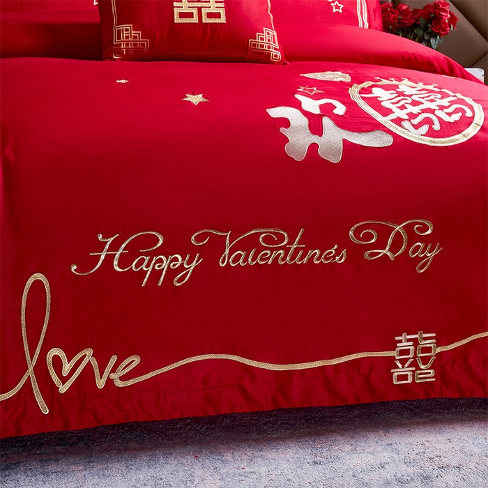 91家纺网 家纺一手货源 找家纺 千禧家纺2025新款13372全棉绣花婚庆四件套 满心欢喜