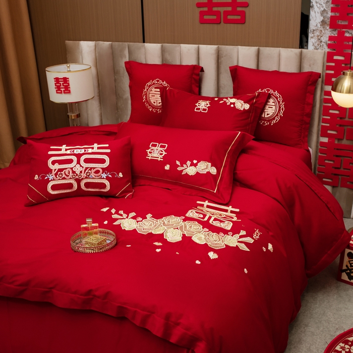 91家纺网 家纺一手货源 找家纺 千禧家纺2025新款13372全棉绣花婚庆四件套 玫瑰爱语