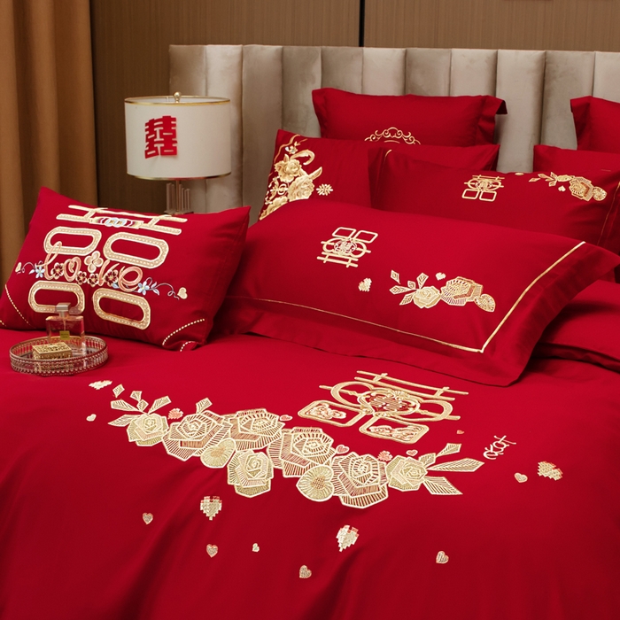 91家纺网 家纺一手货源 找家纺 千禧家纺2025新款13372全棉绣花婚庆四件套 玫瑰爱语