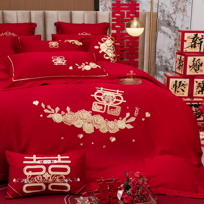 91家纺网 家纺一手货源 找家纺 千禧家纺2025新款13372全棉绣花婚庆四件套 玫瑰爱语