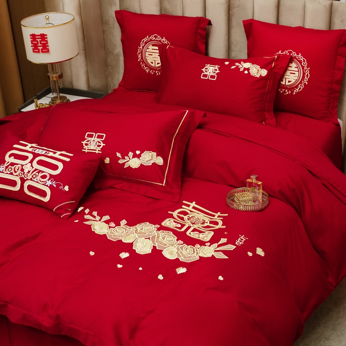 91家纺网 家纺一手货源 找家纺 千禧家纺2025新款13372全棉绣花婚庆四件套 玫瑰爱语