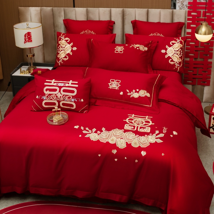 91家纺网 家纺一手货源 找家纺 千禧家纺2025新款13372全棉绣花婚庆四件套 玫瑰爱语