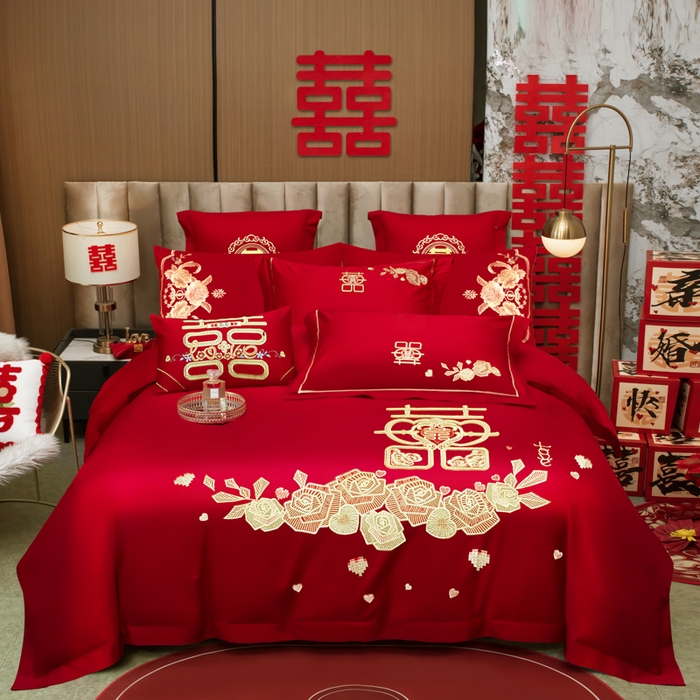 千禧家纺2025新款13372全棉绣花婚庆四件套 玫瑰爱语