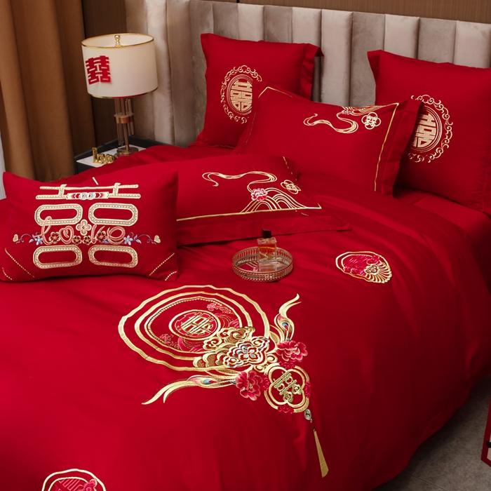 91家纺网 家纺一手货源 找家纺 千禧家纺2025新款13372全棉绣花婚庆四件套 倾城爱恋