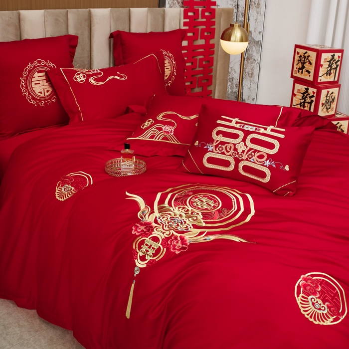 91家纺网 家纺一手货源 找家纺 千禧家纺2025新款13372全棉绣花婚庆四件套 倾城爱恋