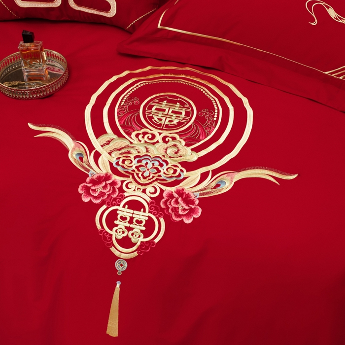 91家纺网 家纺一手货源 找家纺 千禧家纺2025新款13372全棉绣花婚庆四件套 倾城爱恋