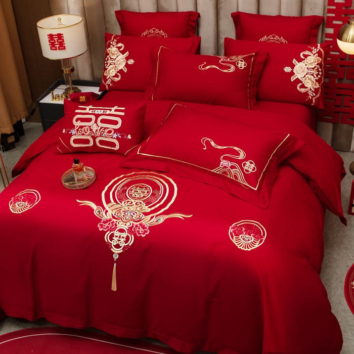 91家纺网 家纺一手货源 找家纺 千禧家纺2025新款13372全棉绣花婚庆四件套 倾城爱恋