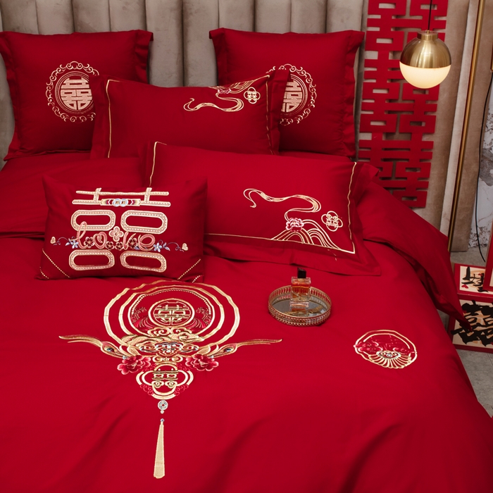 91家纺网 家纺一手货源 找家纺 千禧家纺2025新款13372全棉绣花婚庆四件套 倾城爱恋