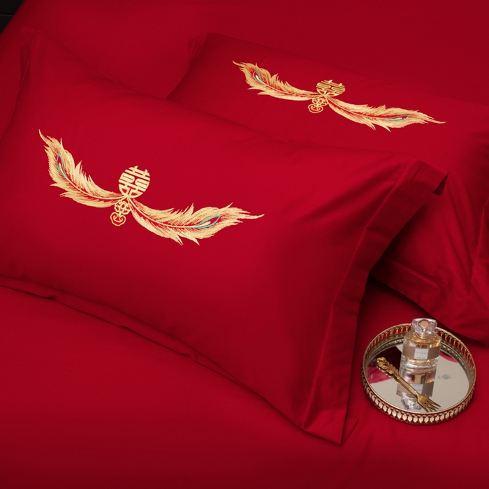 91家纺网 家纺一手货源 找家纺 千禧家纺2025新款13372全棉绣花婚庆四件套 如意龙凤