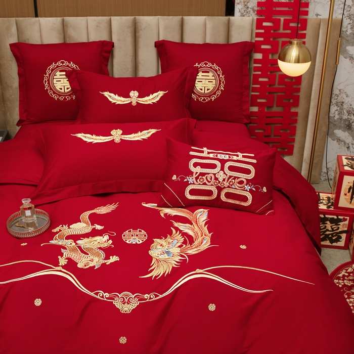 91家纺网 家纺一手货源 找家纺 千禧家纺2025新款13372全棉绣花婚庆四件套 如意龙凤