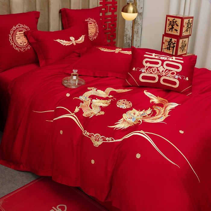 91家纺网 家纺一手货源 找家纺 千禧家纺2025新款13372全棉绣花婚庆四件套 如意龙凤