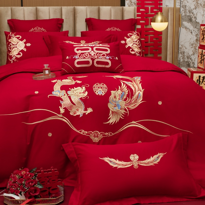 91家纺网 家纺一手货源 找家纺 千禧家纺2025新款13372全棉绣花婚庆四件套 如意龙凤