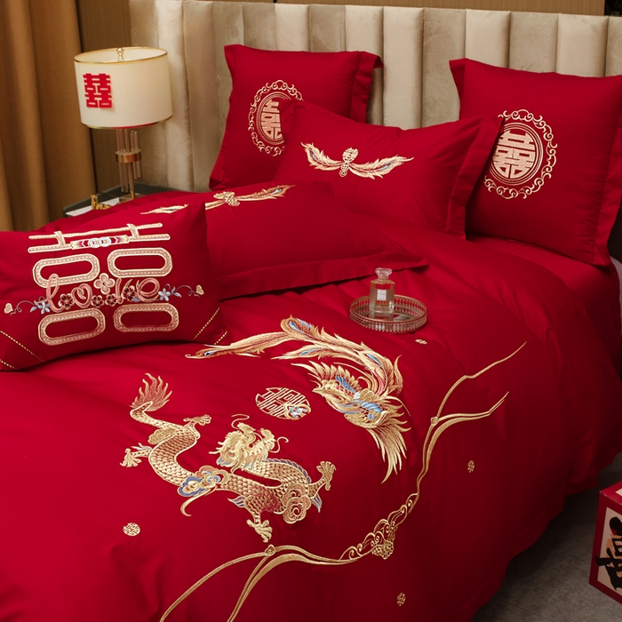 91家纺网 家纺一手货源 找家纺 千禧家纺2025新款13372全棉绣花婚庆四件套 如意龙凤