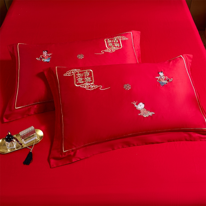 91家纺网 家纺一手货源 找家纺 千禧家纺2025新款13372全棉绣花婚庆四件套 天作之合