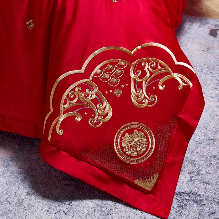 91家纺网 家纺一手货源 找家纺 千禧家纺2025新款13372全棉绣花婚庆四件套 天作之合