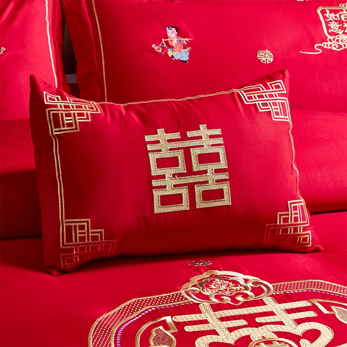 91家纺网 家纺一手货源 找家纺 千禧家纺2025新款13372全棉绣花婚庆四件套 天作之合