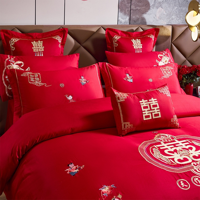 91家纺网 家纺一手货源 找家纺 千禧家纺2025新款13372全棉绣花婚庆四件套 天作之合