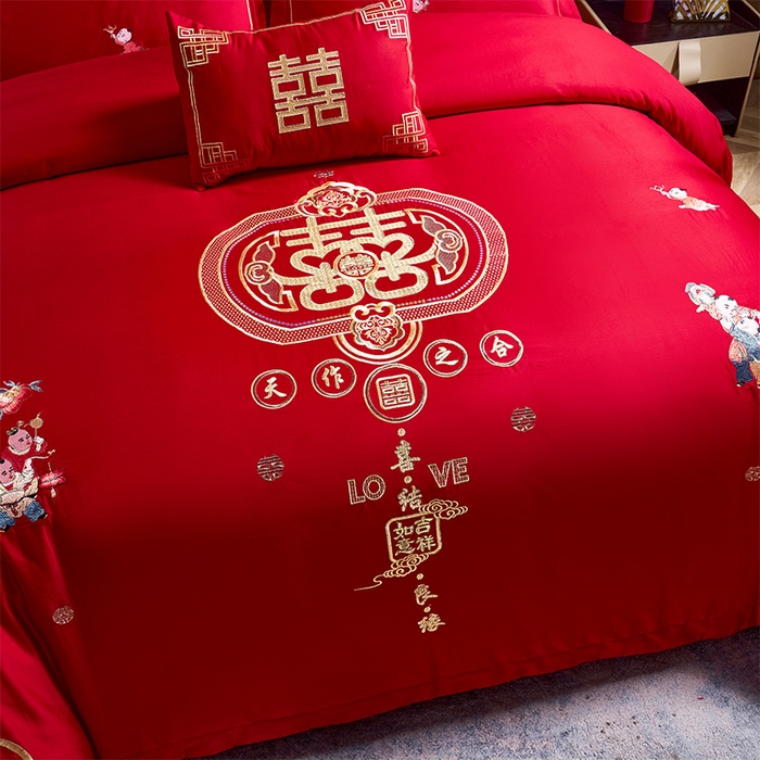 91家纺网 家纺一手货源 找家纺 千禧家纺2025新款13372全棉绣花婚庆四件套 天作之合