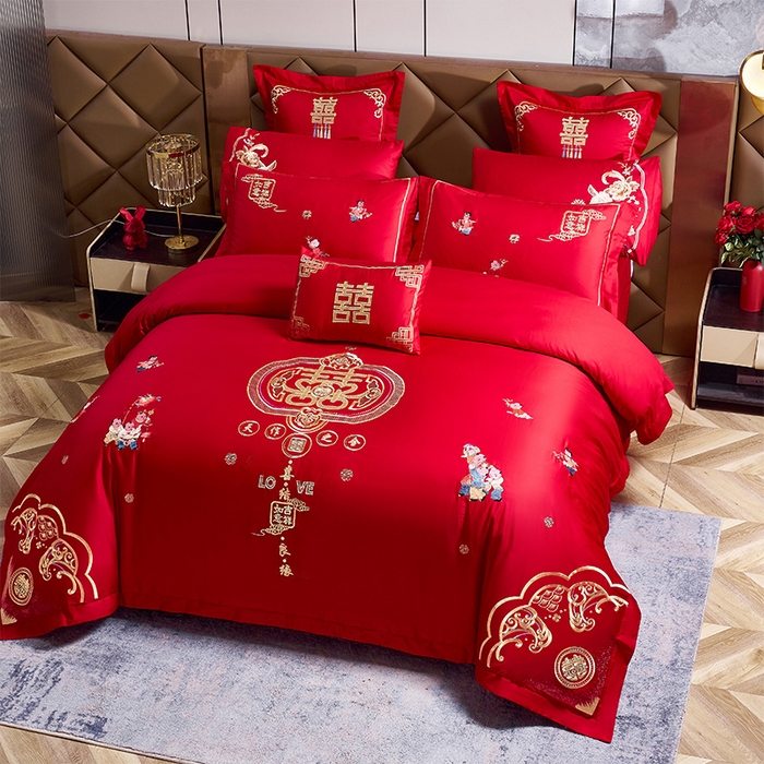 91家纺网 家纺一手货源 找家纺 千禧家纺2025新款13372全棉绣花婚庆四件套 天作之合