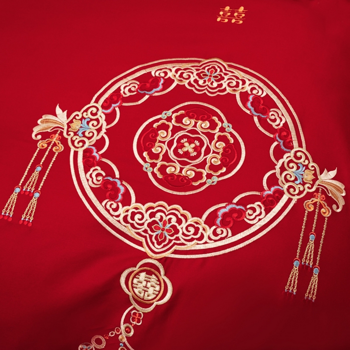 91家纺网 家纺一手货源 找家纺 千禧家纺2025新款13372全棉绣花婚庆四件套 吾家有喜