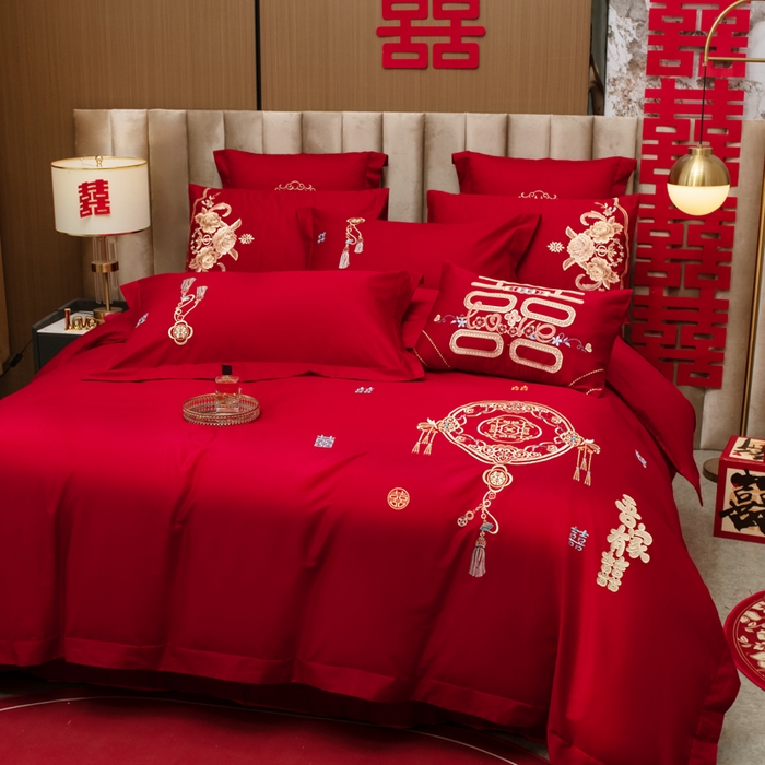 91家纺网 家纺一手货源 找家纺 千禧家纺2025新款13372全棉绣花婚庆四件套 吾家有喜