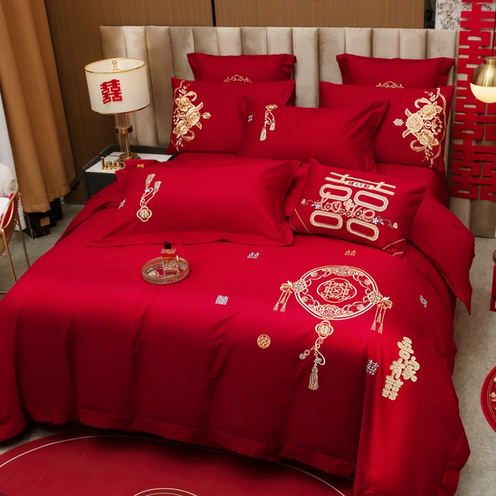 91家纺网 家纺一手货源 找家纺 千禧家纺2025新款13372全棉绣花婚庆四件套 吾家有喜