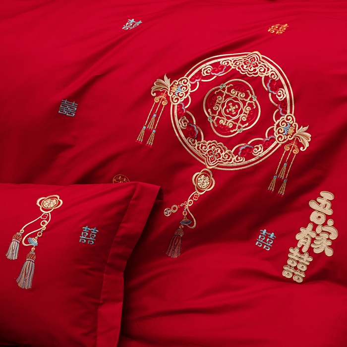 91家纺网 家纺一手货源 找家纺 千禧家纺2025新款13372全棉绣花婚庆四件套 吾家有喜