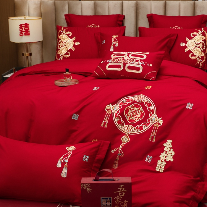 91家纺网 家纺一手货源 找家纺 千禧家纺2025新款13372全棉绣花婚庆四件套 吾家有喜