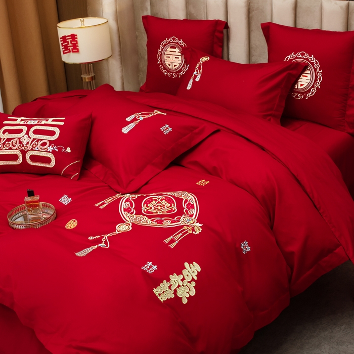 91家纺网 家纺一手货源 找家纺 千禧家纺2025新款13372全棉绣花婚庆四件套 吾家有喜