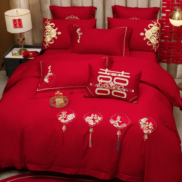 91家纺网 家纺一手货源 找家纺 千禧家纺2025新款13372全棉绣花婚庆四件套 喜结良缘