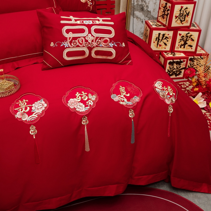 91家纺网 家纺一手货源 找家纺 千禧家纺2025新款13372全棉绣花婚庆四件套 喜结良缘