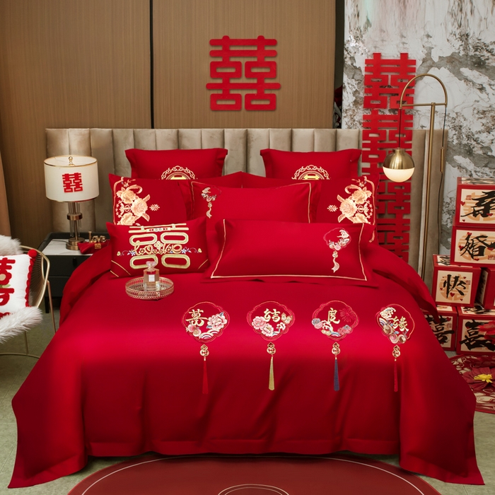 千禧家纺2025新款13372全棉绣花婚庆四件套 喜结良缘