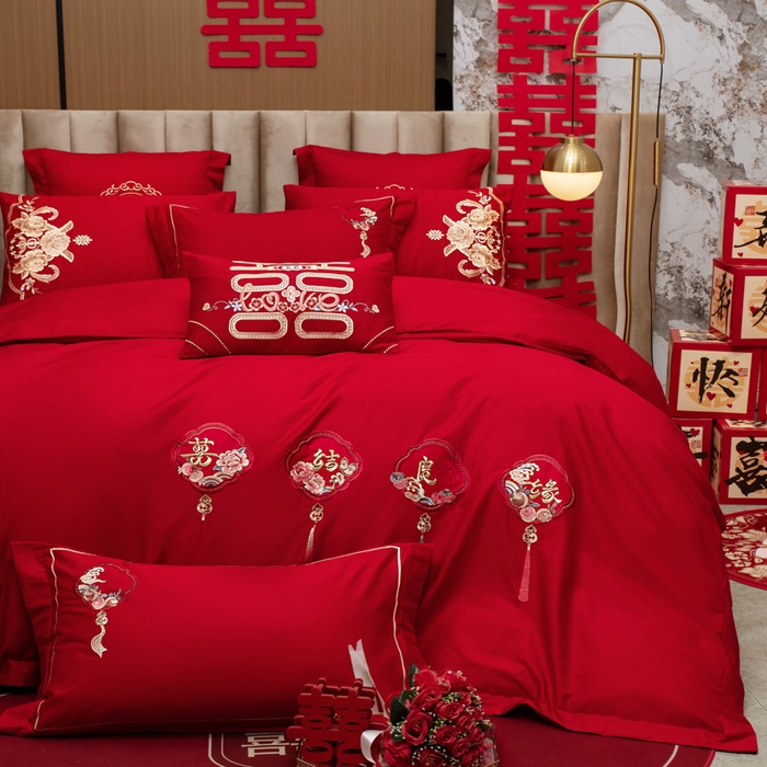 91家纺网 家纺一手货源 找家纺 千禧家纺2025新款13372全棉绣花婚庆四件套 喜结良缘