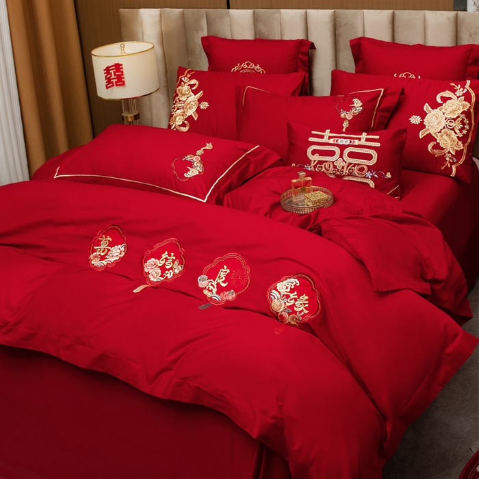 91家纺网 家纺一手货源 找家纺 千禧家纺2025新款13372全棉绣花婚庆四件套 喜结良缘